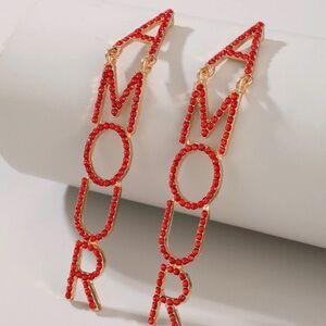 Amour LOVE Red Rhinestone Crystal Gold Long Drop Earrings Valentines Glam